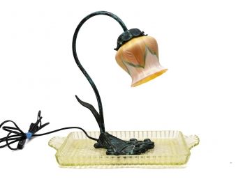 Tulip Dragonfly Lamp And Depression Glass Vanity Tray