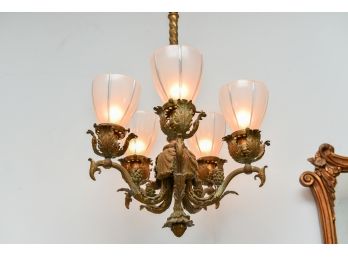 Antique Five Light Bronze Chandelier With Glass Sconce Shades
