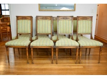 Set Of Eight Vintage Carved Pecan Wood Upholstered Dining Room Chairs