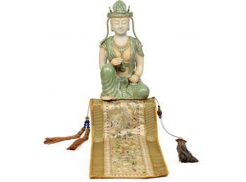 Gautama Meditation Buddha Figurine And Embroidered Textile Art