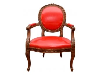 Patent Leather Carved Wood Upholstered Arm Chair With Nail Head Stud Trim