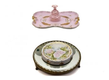 Collection Of Vanity Trays And A Hand Blown Pink Swirl Bud Vase
