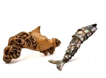 1960s Mexican Articulated Abalone Fish Bottle Opener And Carved Wood Koi Fish