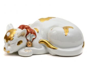 Japanese Kutani Porcelain Figurine Of A Sleeping Cat