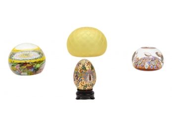 Collection Of Paperweights And Gilt Enamel Egg