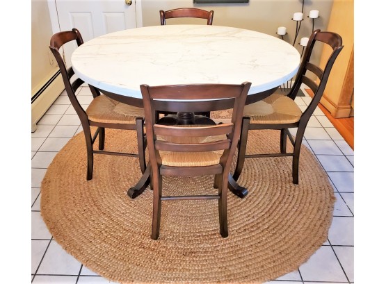 Beautiful Pottery Barn Pedestal Table & Four Rush Seat Chairs With Carrera Marble Top & One Wood 18' Leaf