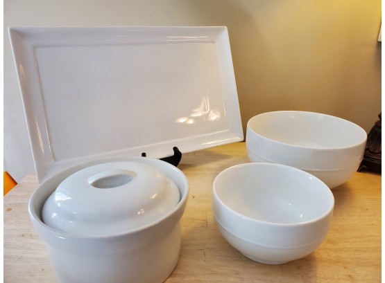 Lot Of White Ceramic Mixing Bowls, Covered Casserole & Serving Tray