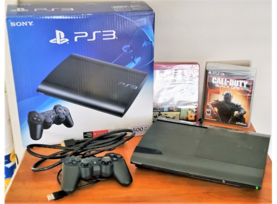 PS3 Playstation 3 500GB Gaming Console, Controller & Two New Sealed Games
