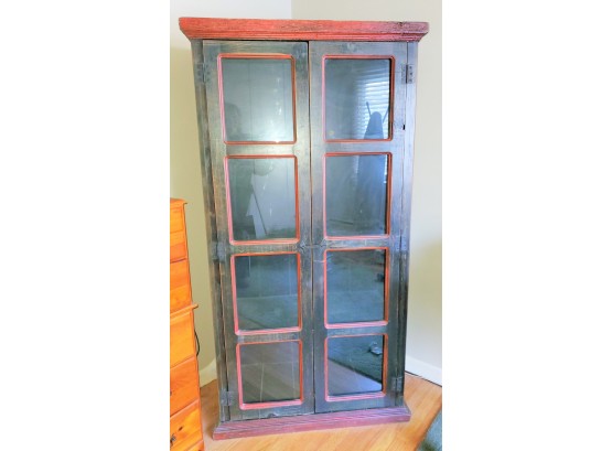 Primitive Look Asian Inspired Wood & Glass Tall Curio Cabinet