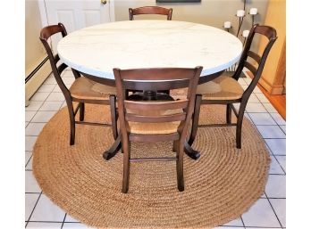 Beautiful Pottery Barn Pedestal Table & Four Rush Seat Chairs With Carrera Marble Top & One Wood 18' Leaf