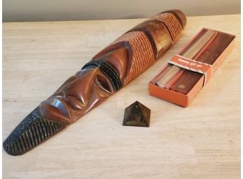 Vintage Carved Wood Tribal African Decorative Mask, New Incense Kit & Mini Egyptian Pyramid