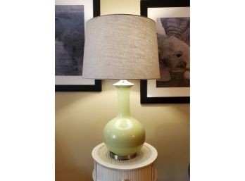 Pretty Celery Green Ceramic & Pewter Look Metal Table Lamp With Gray Fabric Shade