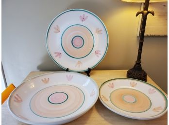 Trio Of Large Caleca Made In Italy Hand Painted Round Stoneware Serving Bowls & Platters