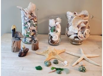 Wonderful Gifts From The Sea - Shell, Sea Glass & Starfish Assortment & Pelican Wood Figurines