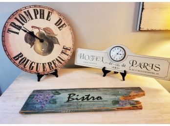 Nice Grouping Of French Themed Decorative Clocks & Hand Painted Reclaimed Wood Wall Sign