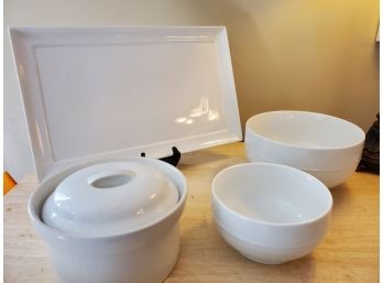 Lot Of White Ceramic Mixing Bowls, Covered Casserole & Serving Tray
