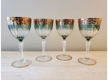 Four Pretty Vintage Boho Crystal Green & Clear Wine Glasses With Ornate Gold Leaf Band