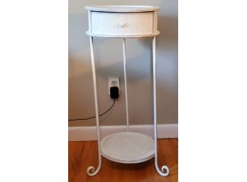 Adorable White Painted Bamboo & Wrought Metal Round Tall Accent Table With 1 Drawer
