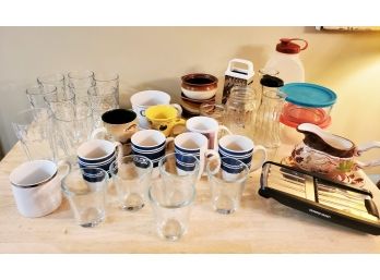 Lot Of Kitchen Glassware, Mugs, Sharper Image Mandolin, Crocks, Covered Glass Bowls & More