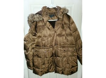 Pretty Quilted Jones New York Ladies XL Brown Jacket With Faux Fur Edged Hood