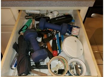 Junk Drawer Lot With Hammers, Wrenches, Screwdrivers, Weights, Lights And More