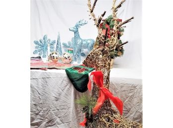 Christmas Indoor & Outdoor Lot - Lighted Twig Large Reindeer, Ornaments, Small Table Top Tree & More