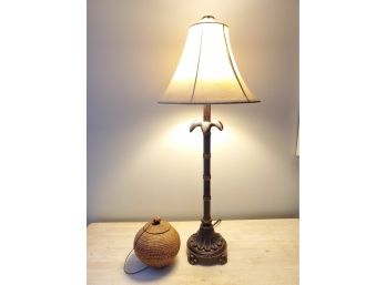 Lovely Bronze Finish Table Lamp And Vintage Wicker Woven Lidded Round Basket