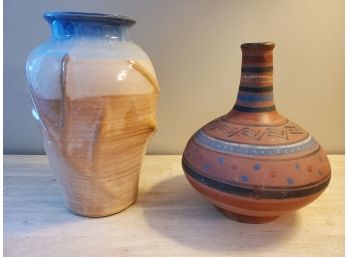 Duo Of Southwest - Mexican Style Signed Handmade Pottery Clay Vases