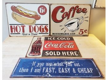 Fun Assortment Of Vintage Reproduction Novelty Metal Wall Signs - Coca Cola, Coffee, Hot Dogs