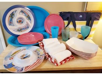 Summer Beach & Picnic Assortment - Cooler Bag, Chip & Dip Trays, Red & White Paper Food Bowls And More