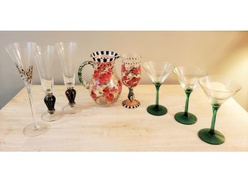 Pretty Assortment Of  Barware -  Hand Painted Pitcher & Wine Glass, Champagne & Martini Glassware