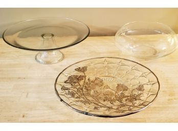 Glass Serving Assortment - Including Cambridge 13.5' Silver Overlay Cake Plate & More