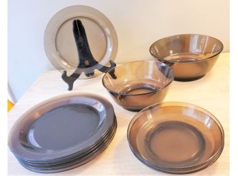 Vintage Vereco France Brown Glass Plate & Serving Bowl Assortment