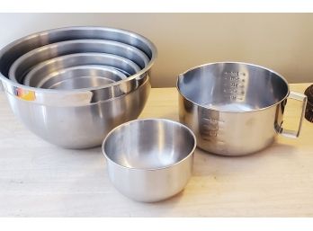 Assortment Of Stainless Steel Mixing Bowls & Large Three Quart Measuring Cup
