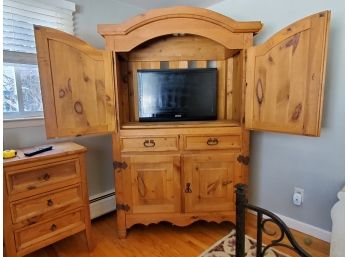 Rustic Southwest Pine Wood Entertainment Cabinet / Armoire With Wrought Iron Metal Hardware