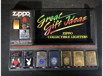 8 Assorted Vintage Zippo Lighters & Advertising Display