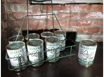 8 Quaker Vintage Oil Cans With Green Crate