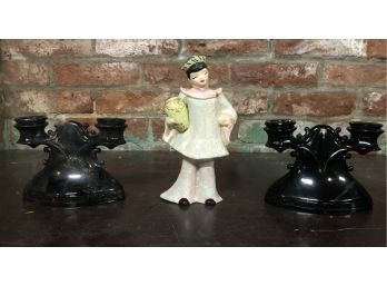Figurine & Pair Of Dual Candle Stick Holders Vintage Ceramics