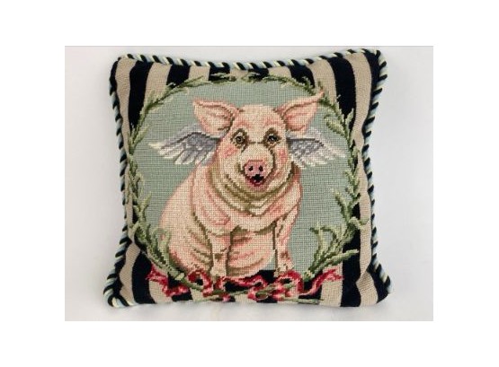 Flying Pig Hand Made Needlepoint Pillow