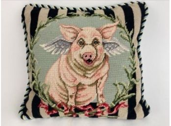 Flying Pig Hand Made Needlepoint Pillow