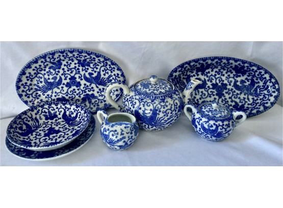 Blue & White Phenix Patter China Pieces - T In Flower Japan Marking