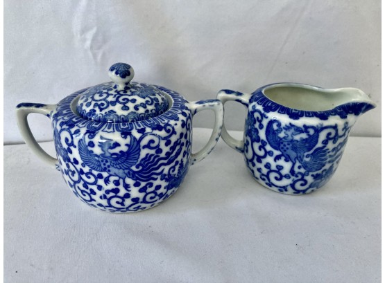 Blue And White Phenix Pattern Cream And Sugar Pot With Lid - 'M'Japan Marking