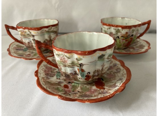3 Antique Pretty Tea Cups With Asian/ Japanese Hand Painted Scene
