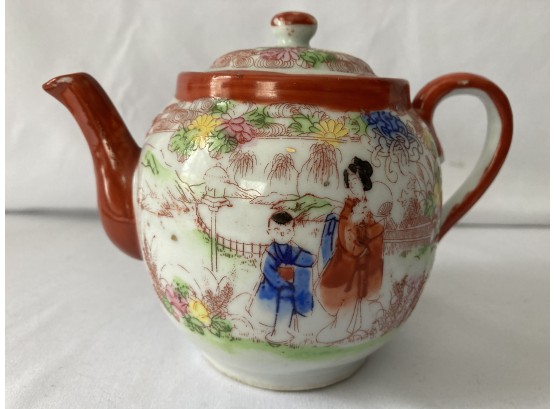 Antique Japanese Hand Painted Tea Pot Of A Young Woman With A Boy