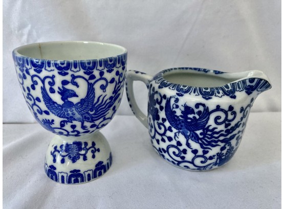 Blue And White Phenix Pattern Egg Cup And Creamer - 'M'Japan Marking
