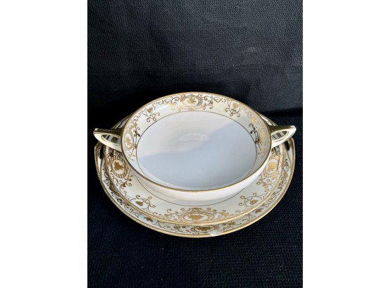 Nippon Gold And White Two Handled Bowl With Two Plates With Handles - BLUE Simple Bottom Marking