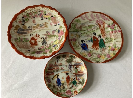 3 Japanese Hand Painted Plates With Beautiful Scences