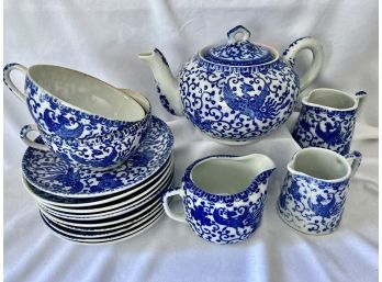 Blue And White Phenix Pattern Tea Set - Made In Japan Marking