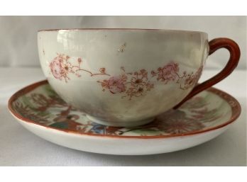 Hand Painted Chinese Scene On Tea Cups With Matching Saucers