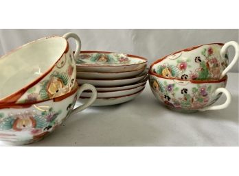 Antique Asian Inspired Hand Painted Cups And Saucers